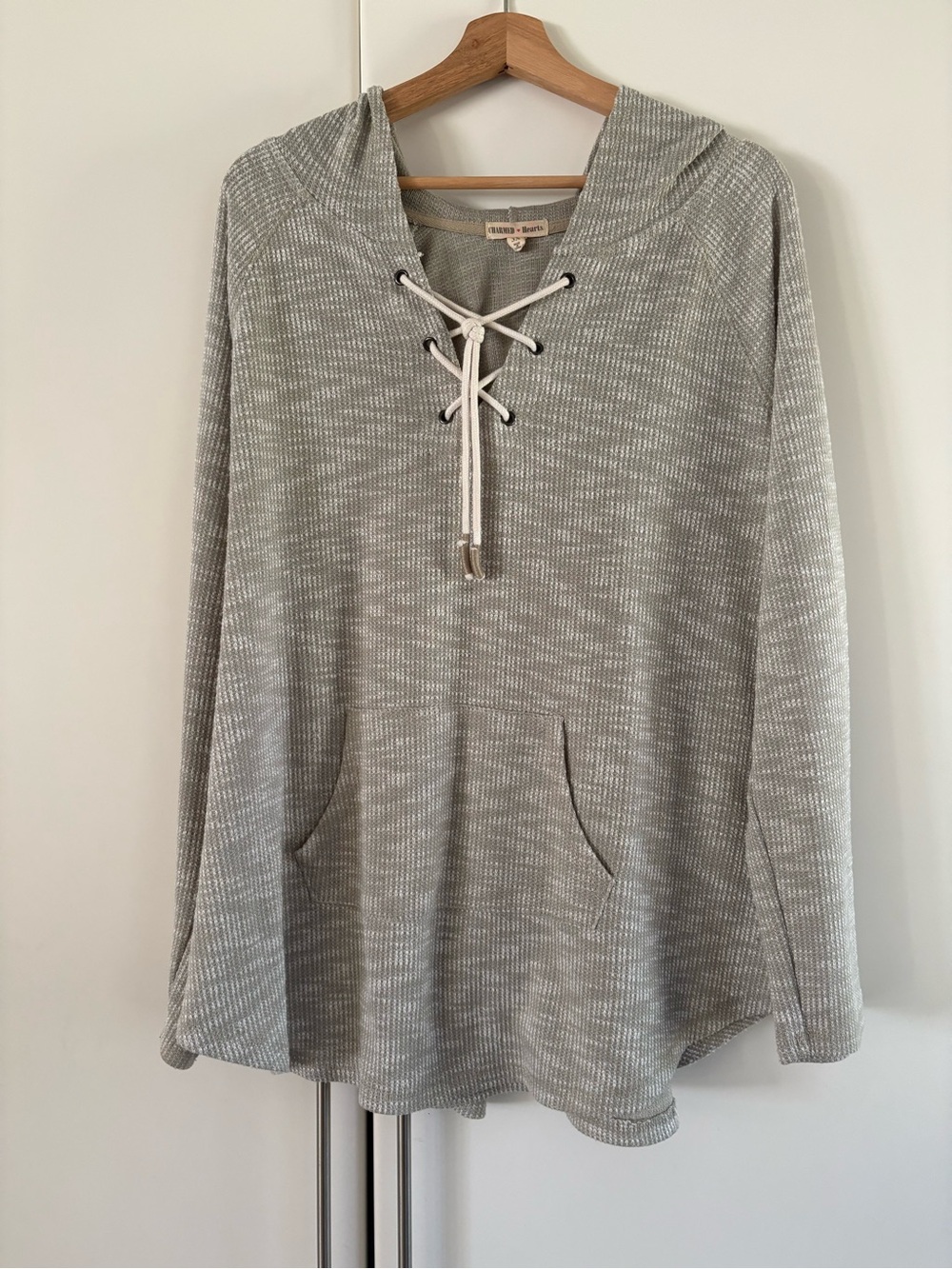Green Grey Waffle Knit Lace Up Hoodie Sweater Tunic Thermal Plus Size 3X Top